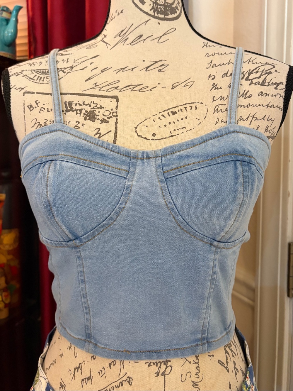 Thrill Jeans Smocked Back Light Blue Denim Bustier Crop Top